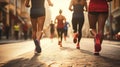 Close up athlete group women feet running on city road town city background sun light flare