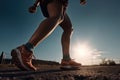 Close up Athlete runner feet running on the road. Running for healthy life background. Generative AI