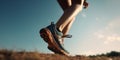 Close up Athlete runner feet running on the road. Running for healthy life background. Generative AI