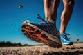 Close up Athlete runner feet running on the road. Running for healthy life background. Generative AI