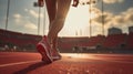 Close up of an athlete's feet wearing sports shoes on a challenging track. Trail running workout on on stadium Royalty Free Stock Photo