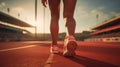 Close up of an athlete\'s feet wearing sports shoes on a challenging track. Trail running workout on on stadium Royalty Free Stock Photo