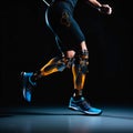 Close-up athlete's legs with orthosis on dark background. Generative AI