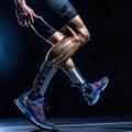 Close-up athlete's legs with orthosis on dark background. Generative AI