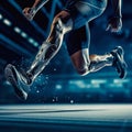 Close-up athlete's legs with orthosis on dark background. Generative AI