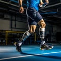 Close-up athlete's legs with orthosis on dark background. Generative AI