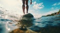 Close up athletic legs of young woman who active rides wave on surf style wakeboard, Many water droplets around