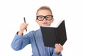 Close up Attractive caucasian schoolboy wearing eyeglasses holding a notebook pen in hands isolated white background Royalty Free Stock Photo