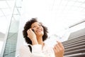 Close up attractive middle age african american woman talking on mobile phone Royalty Free Stock Photo