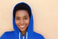 Close up attractive young black woman with blue hoody