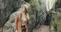 Close up Attractive young woman in stylish hat looking around Royalty Free Stock Photo