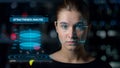 Close up attractiveness analysis face scan process researching woman biometrics