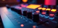 Close up of audio interface knobs and buttons in home studio, headphone amp, faders