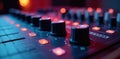 Close-up of audio interface knobs and buttons in home studio output audio engineering headphone amp