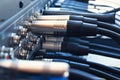 Close up audio jacks cable plugged into mixer console. XLR audio cable Royalty Free Stock Photo