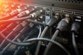 Close up audio jacks cable plugged into mixer console. XLR audio cable Royalty Free Stock Photo