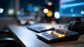 Close-up of audio mixing equipment with illuminated buttons on a desk in a dimly lit studio environment with blurred background Royalty Free Stock Photo