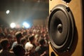 close-up of audio speaker on stage, with view of audience in the background