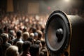 close-up of audio speaker on stage, with view of audience in the background