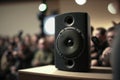 close-up of audio speaker on stage, with view of audience in the background