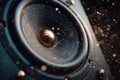 Close-up of an audio speaker vibrating, with golden particles flowing around it, creating a dynamic and energetic visual Royalty Free Stock Photo
