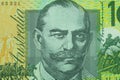 Close up on Australian dollar banknotes. Portrait of JOHN MONASH on 100AUD Banknotes. Shooting by 1:1 Macro lense. I