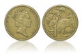 Close up - Australian dollar coins islated on white background with clipping path. Reflection coin on white background. I