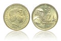 Close up - Australian dollar coins islated on white background with clipping path. Reflection coin on white background. I