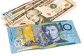 Close up of Australian Dollar currency note against US Dollar Royalty Free Stock Photo