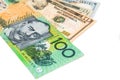 Close up of Australian Dollar currency note against US Dollar Royalty Free Stock Photo