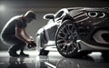 Close up of a auto body mechanic buffing a scratch on sports car.