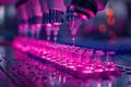 Close-up of automated laboratory equipment dispensing liquid into test tubes with vibrant pink light, showcasing precision in