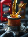 Close-up of automotive oil filter receiving dynamic splash of golden oil. Essential component for high-performance engine Royalty Free Stock Photo