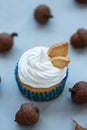 Close up autumn cupcakes decorated with cream and cookies leaves on gray wooden background. Soft focus. Thanksgiving day or Royalty Free Stock Photo