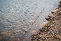 Close up autumn landscape nature background stone shore of the lake and bamboo floating on water.Calm transparent