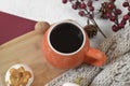 Close up autumn and winter still life scene. Cup of tea on tray, knitting scarf and red berries. Royalty Free Stock Photo