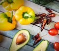 Close up of Avocado, bell peppers, tomatoes, chili peppers, broccoli seen from above Royalty Free Stock Photo