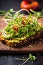 Close-up avocado toast with microgreens and a sprinkle of chili flakes