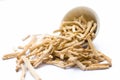 Close up of Ayurvedic herb Satavari or kurilo or Asparagus racemosus on white in a glass bowl.