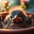 Close-up of baby chick sitting in pot plant nest