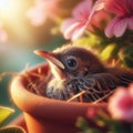 Close-up of baby chick sitting in pot plant nest