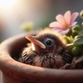 Close-up of baby chick sitting in pot plant nest Royalty Free Stock Photo