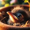 Close-up of baby chick sitting in pot plant nest