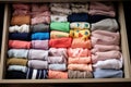 close-up of baby clothes neatly organized in a drawer