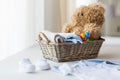 Close up of baby clothes and toys for newborn Royalty Free Stock Photo