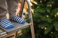 Close up baby feet on ladder near christmas tree