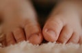 Close-up of baby feet, macro focus of toddler& x27;s toes. Photo of a newborn in light colors, home shooting baby Royalty Free Stock Photo