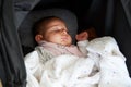 Close Up Of Baby Girl Asleep In Detachable Seat