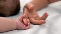 Close up baby hand holding finger mom in a room with a lot of sunlight. Newborn Royalty Free Stock Photo