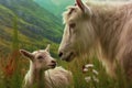 close-up of a baby mountain goat with its mother in a meadow Royalty Free Stock Photo